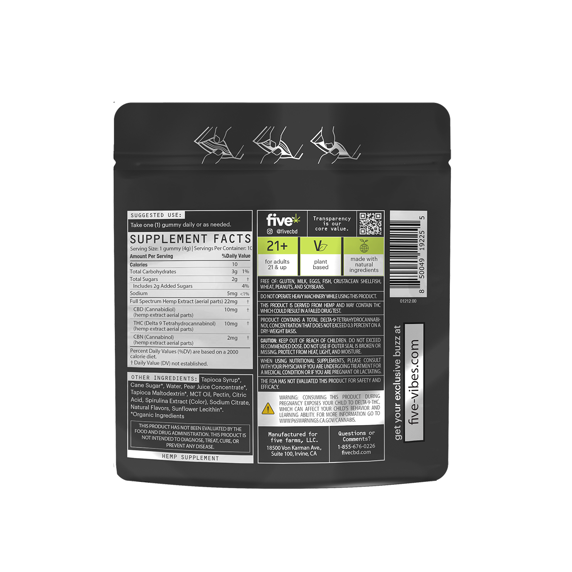 Rear view of 10ct Indica Chill gummy pouch showcasing Supplement Facts, suggested use, ingredients on white background