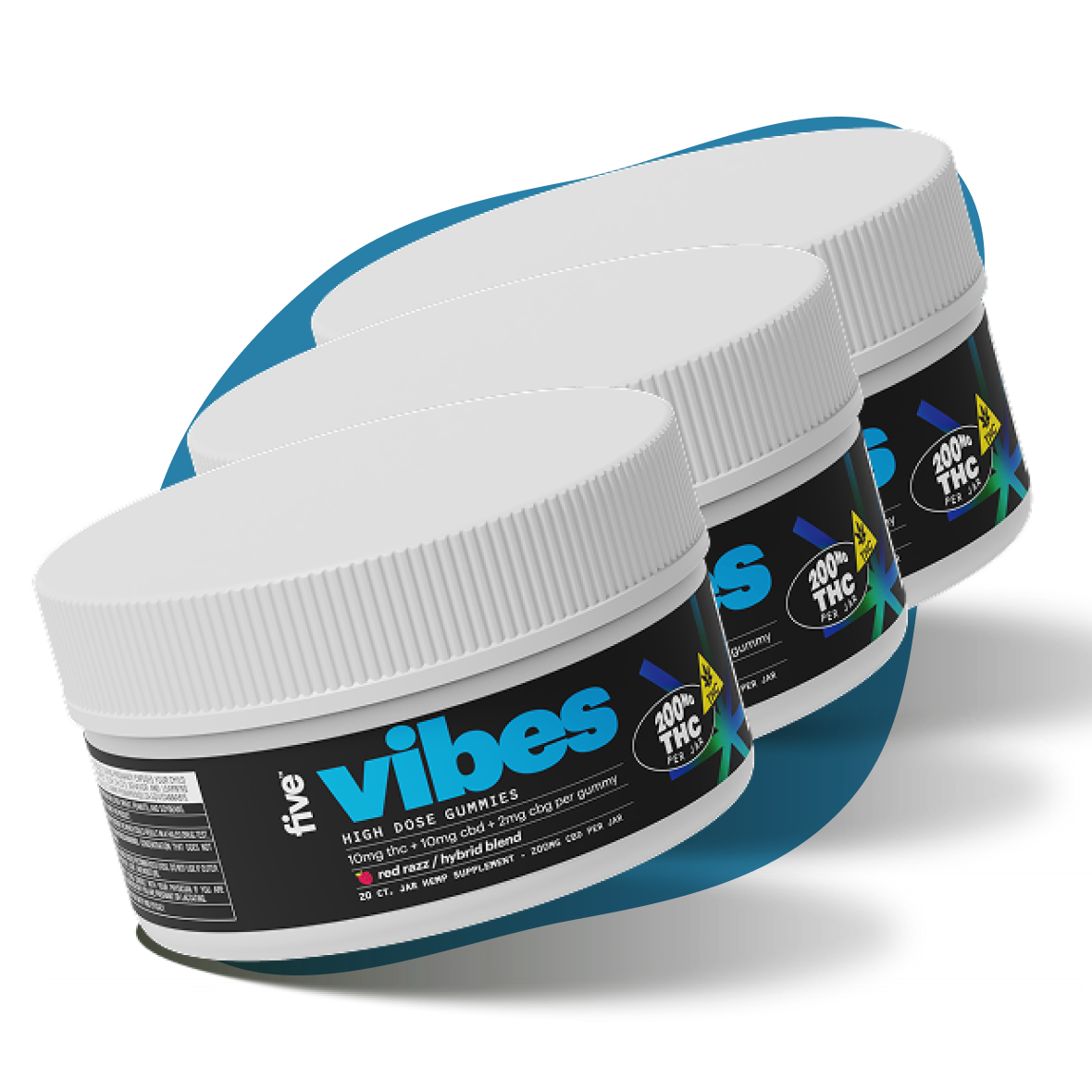 Three jars of 'vibes' five HIGH DOSE GUMMIES — 200mg THC PER JAR; 10mg thc + 10mg cbd + 2mg per gummy