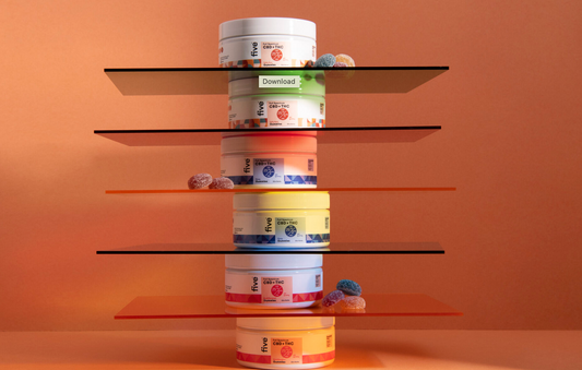 Stacked jars of Five brand Full Spectrum CBD + THC gummies in various flavors and colors, each labeled with 'five', 'Full Spectrum', 'CBD + THC', '25 mg', and 'Gummies'.