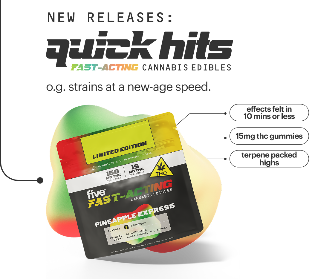 LIMITED EDITION five FAST-ACTING CANNABIS EDIBLES — PINEAPPLE EXPRESS (THC) 15mg THC gummies that hit fast