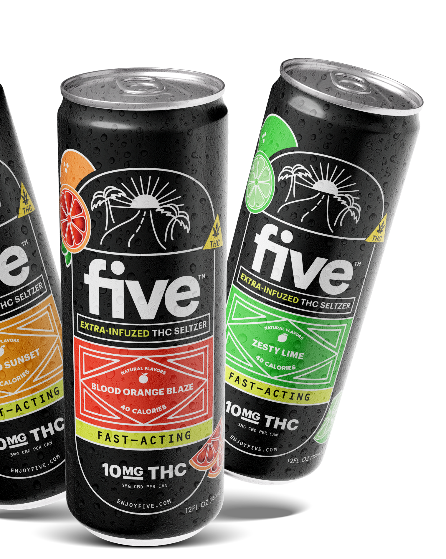 Three black five THC seltzer cans: EXTRA-INFUZED THC SELTZER; Blood Orange Blaze; Zesty Lime; 10MG THC; FAST-ACTING