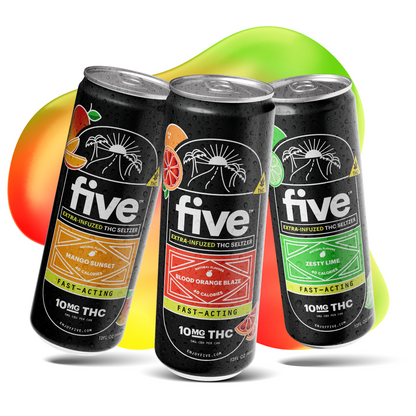 five cans: MANGO SUNSET, BLOOD ORANGE BLAZE, ZESTY LIME — EXTRA-INFUSED THC SELTZER; FAST-ACTING; 10MG THC
