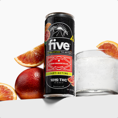 Five 'Blood Orange Blaze' can — EXTRA-INFUZED THE SELTZER, FAST-ACTING, 10MG THC, 40 CALORIES — with orange slices and glass