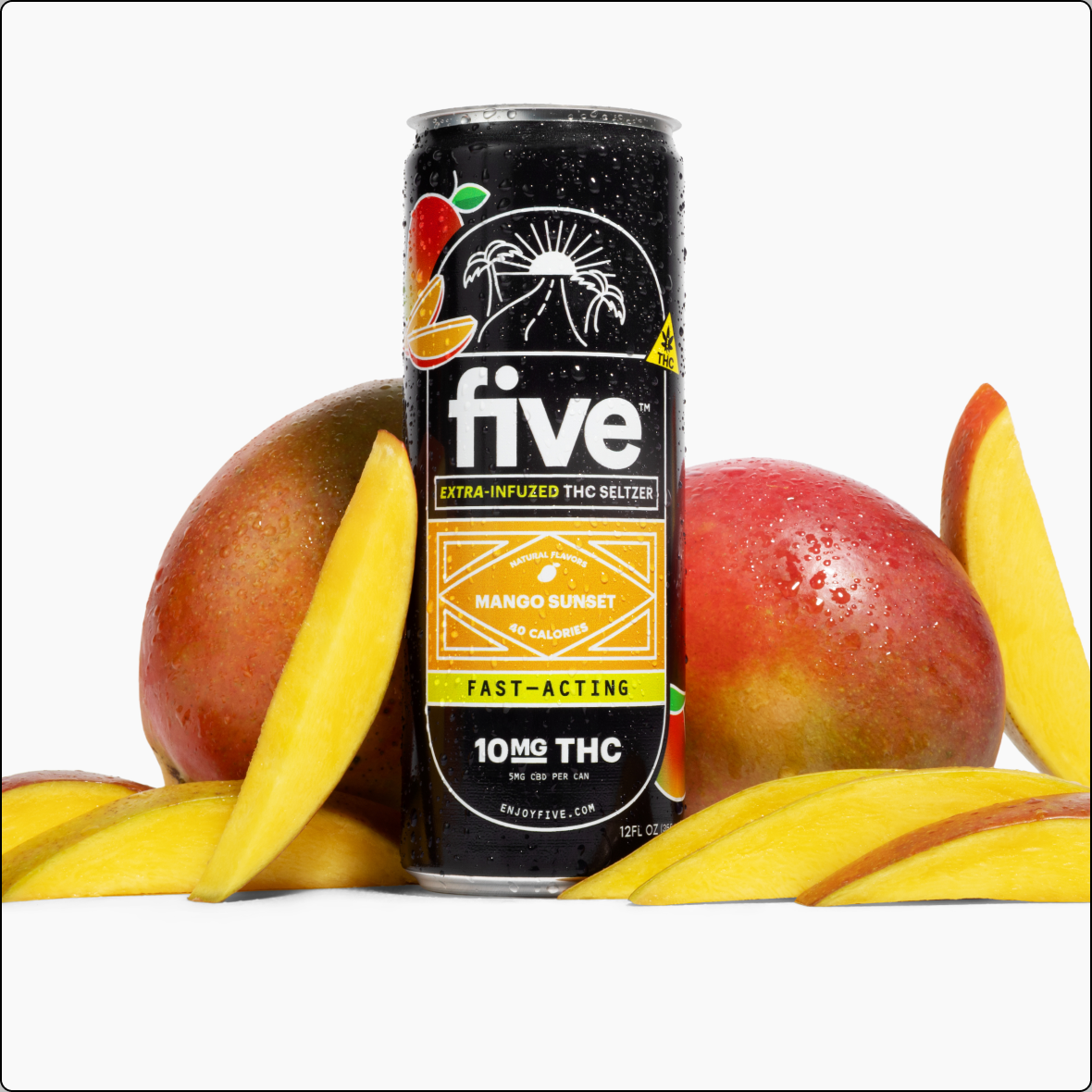 five can labeled 'MANGO SUNSET' EXTRA-INFUSED THC SELTZER — FAST-ACTING, 10MG THC, surrounded by sliced mangoes.