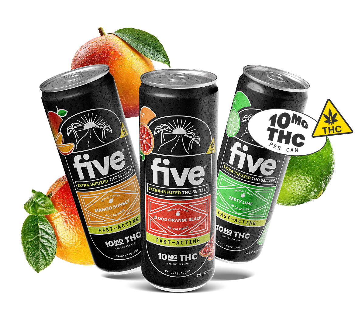 Three 'five' THC seltzer cans — Mango Sunset, Blood Orange Blaze, Zesty Lime — 10mg THC per can.