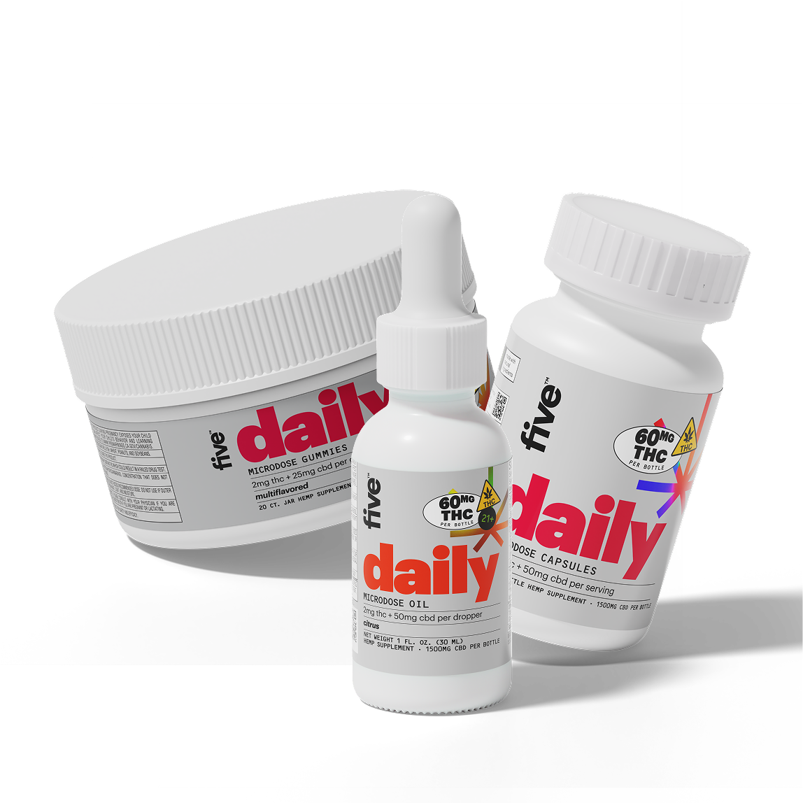 Front view of Daily microdose gummies jar, oil dropper, and capsule bottle showing daily label and 60 mg THC badges on white background