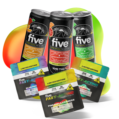 Five THC seltzer cans: Mango Sunset, Blood Orange Blaze, Zesty Lime; limited-edition Five fast-acting edibles: Pineapple Express, Sour Diesel.