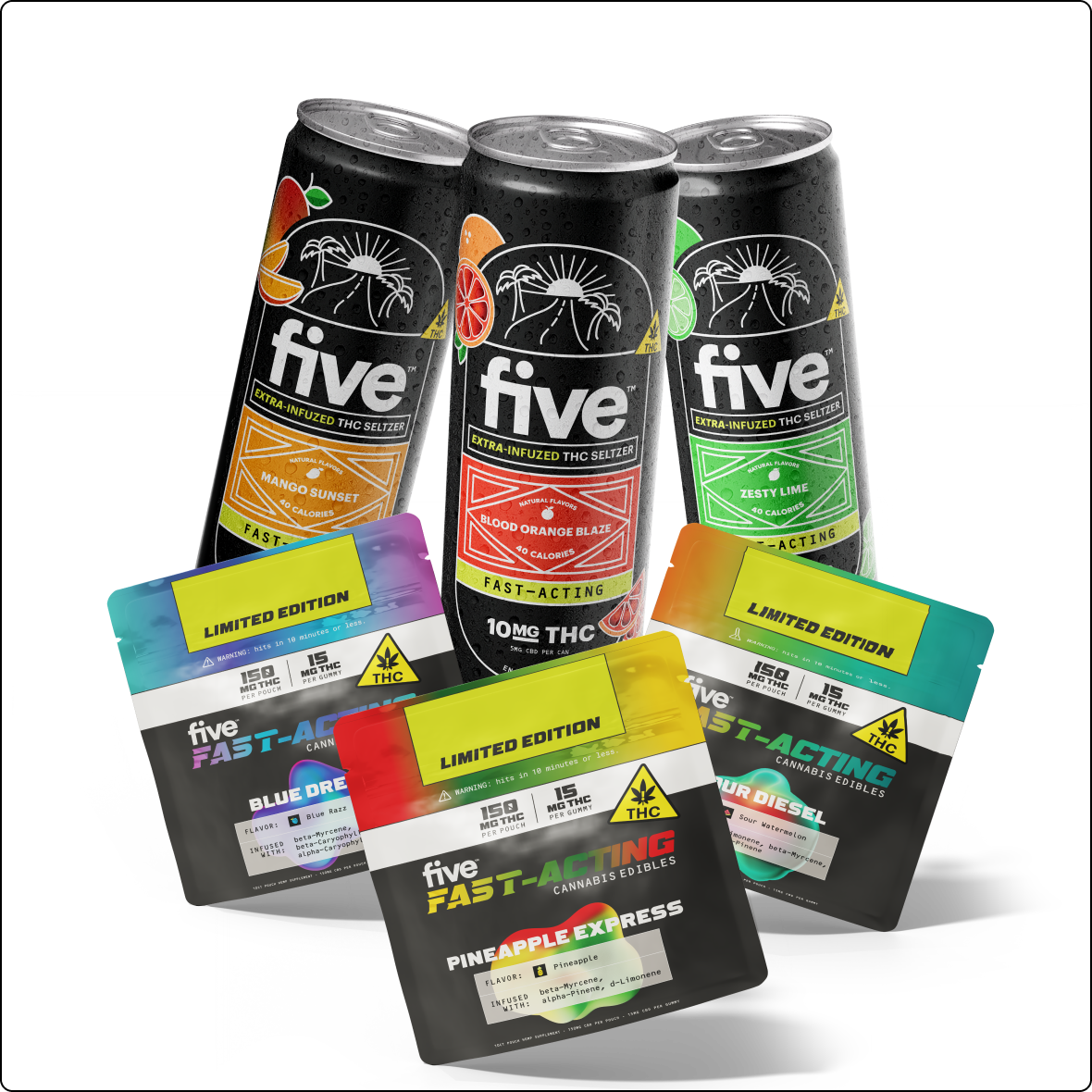 Three five THC seltzer cans and three Five Fast-Acting edible pouches, flavors Mango Sunset, Pineapple Express.