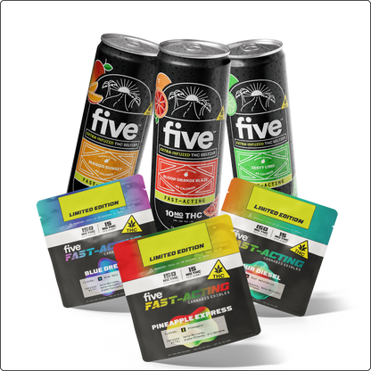 Three five THC seltzer cans and three Five Fast-Acting edible pouches, flavors Mango Sunset, Pineapple Express.