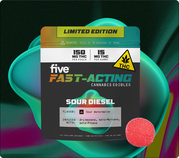 Five Fast-Acting Cannabis Edibles Sour Diesel package labeled Limited Edition with 150 MG THC per pouch, 15 MG THC per gummy, flavor Sour Watermelon, infused with d-Limonene, beta-Myrcene, beta-Pinene, and a red sugar-coated gummy candy shown.