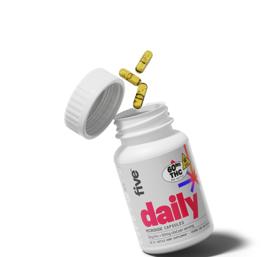 White bottle labeled 'daily' microdose capsules with '60MG THC per bottle', 'five', and dosage info '2mg thc + 50mg cbd per serving'. Capsules are yellow and translucent, falling out of the open bottle.