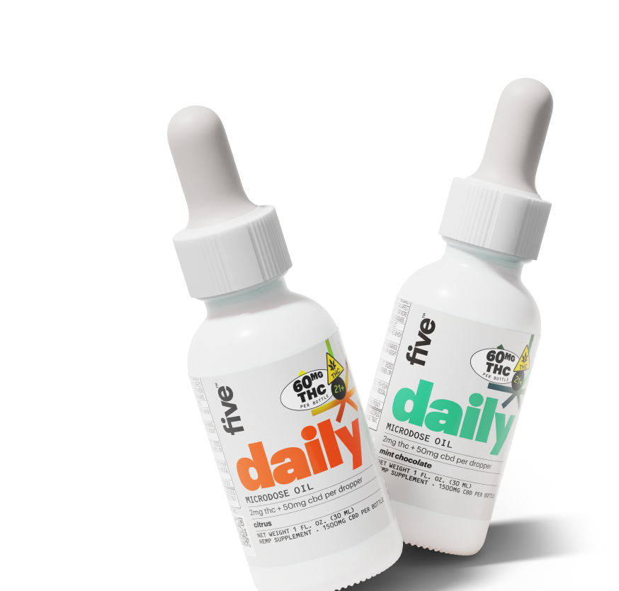 Two bottles of Five daily microdose oil, one citrus flavor and one mint chocolate flavor, each containing 60mg THC and 2mg THC + 50mg CBD per dropper.
