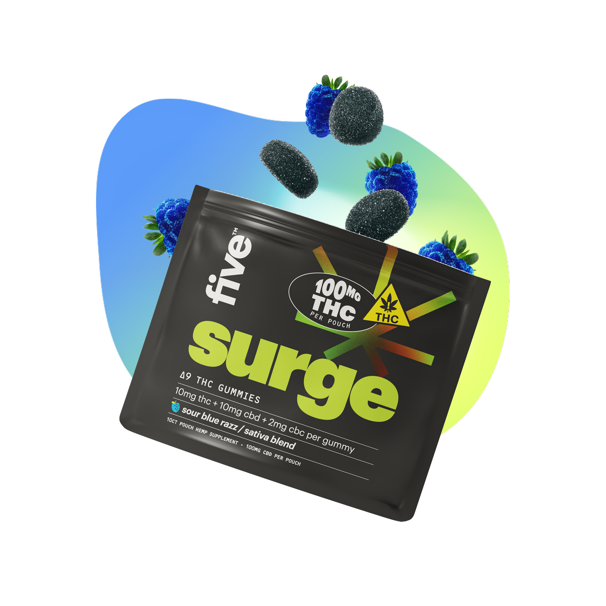 Angled front of Surge pouch showing 100 mg THC per pouch, sour blue razz sativa flavor and black sugar coated gummies