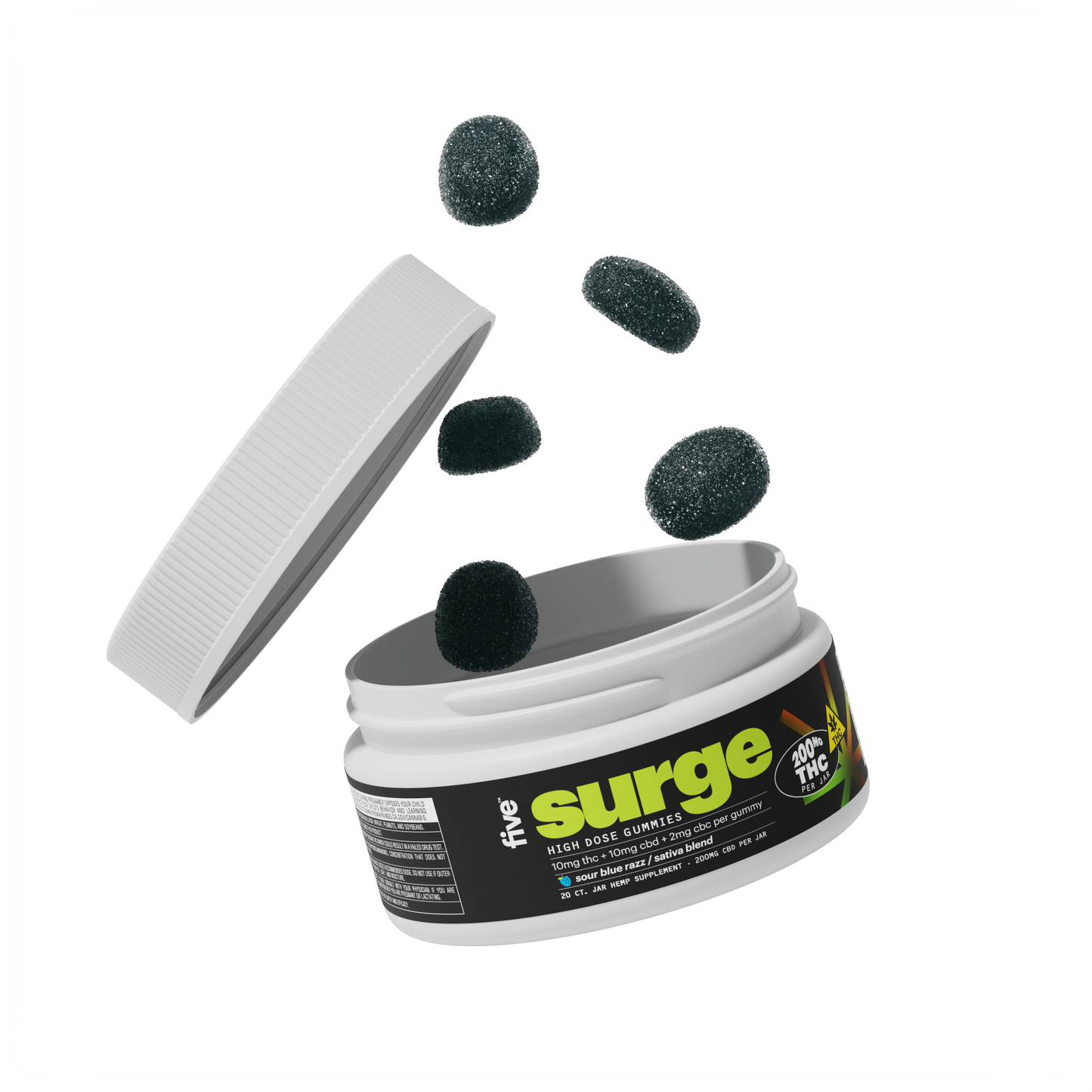 Open white jar with lid ajar, dark sugar-coated gummies floating; label reads surge, five, HIGH DOSE GUMMIES, 200mg THC PER JAR