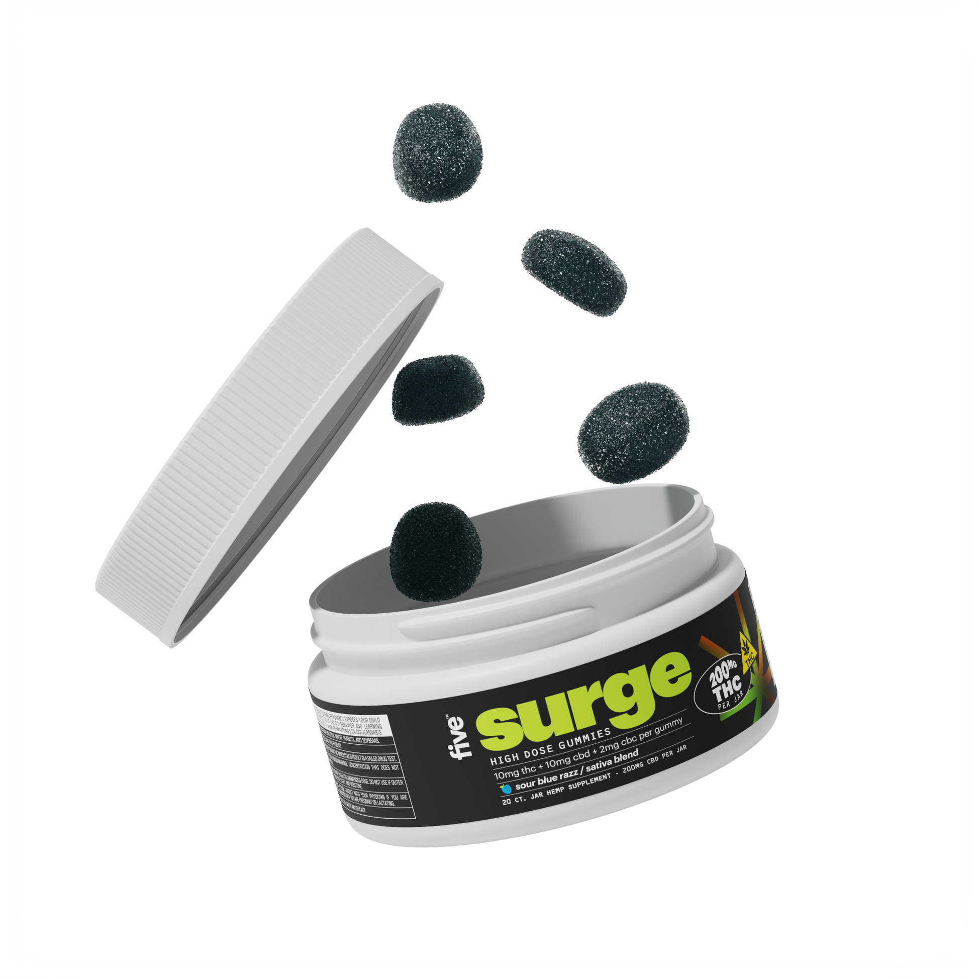 Open white jar with lid ajar, dark sugar-coated gummies floating; label reads surge, five, HIGH DOSE GUMMIES, 200mg THC PER JAR