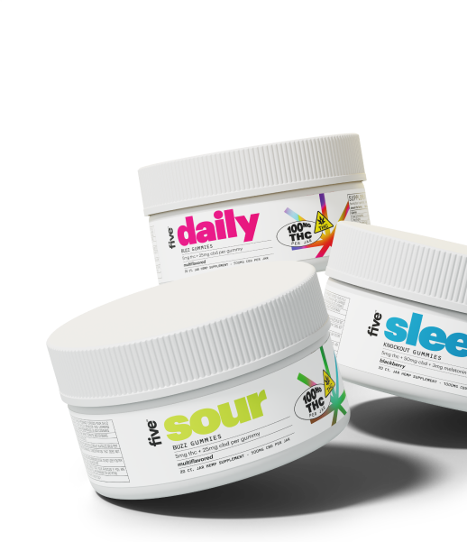 Three containers of five brand gummies labeled: daily buzz gummies with 100mg THC per jar, sour buzz gummies with 100mg THC per jar, and sleep knockout gummies with 100mg THC per jar.
