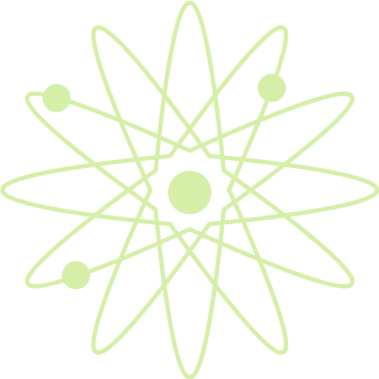 Stylized green atomic model with electrons orbiting a nucleus