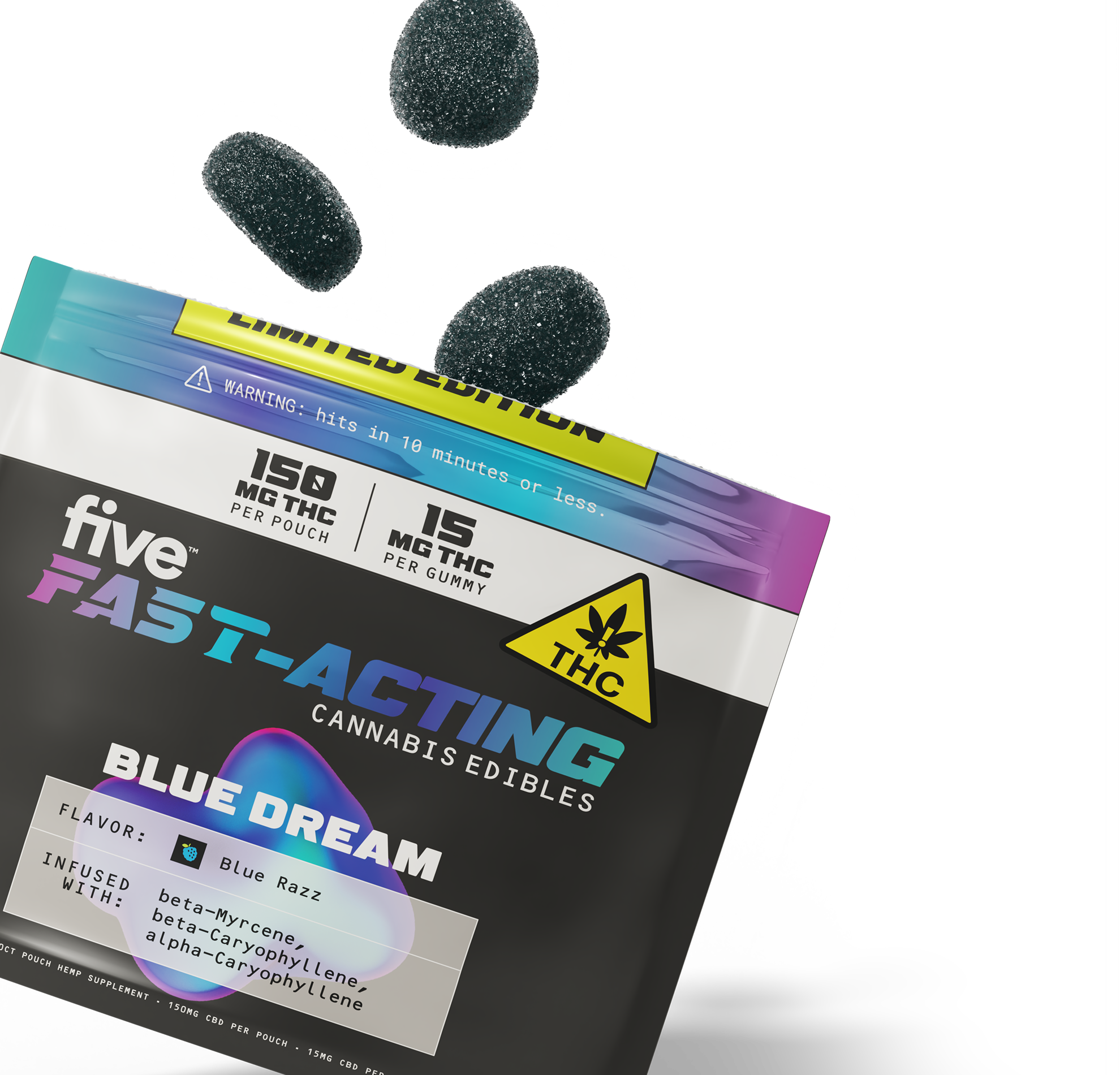 Five Fast-Acting Blue Dream cannabis gummies — 15 MG THC per gummy; 150 MG THC per pouch; flavor Blue Razz