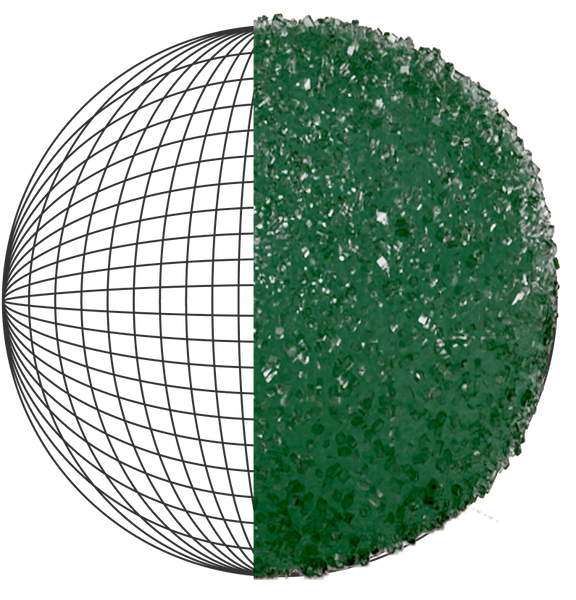 Sphere split vertically: left half gray wireframe grid, right half textured green surface resembling crushed glass.
