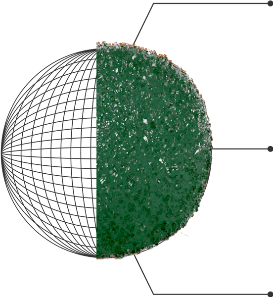 Cross-section of a spherical object showing three labeled layers: outer rough textured layer, middle dense green crystalline layer, and inner grid-like structure.