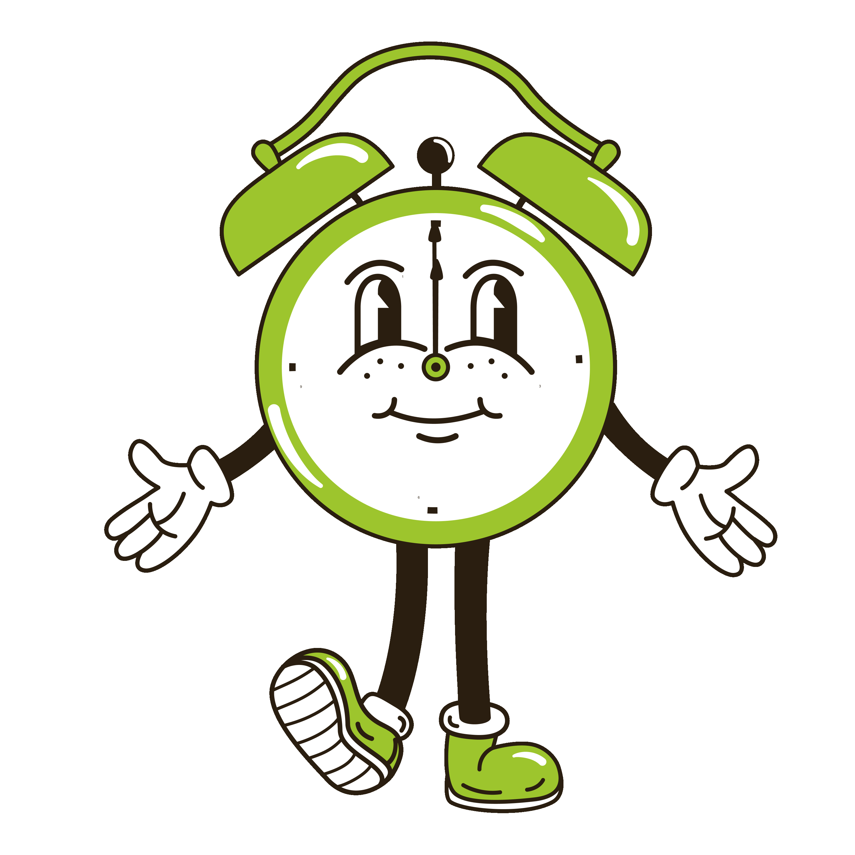 green vintage alarm clock character with a smiling face, white gloves, and green shoes, standing with arms open