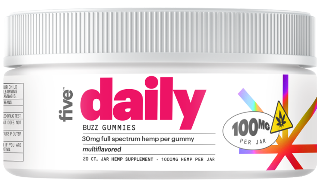 White supplement tub labeled daily with a 100% badge and colorful starburst graphic