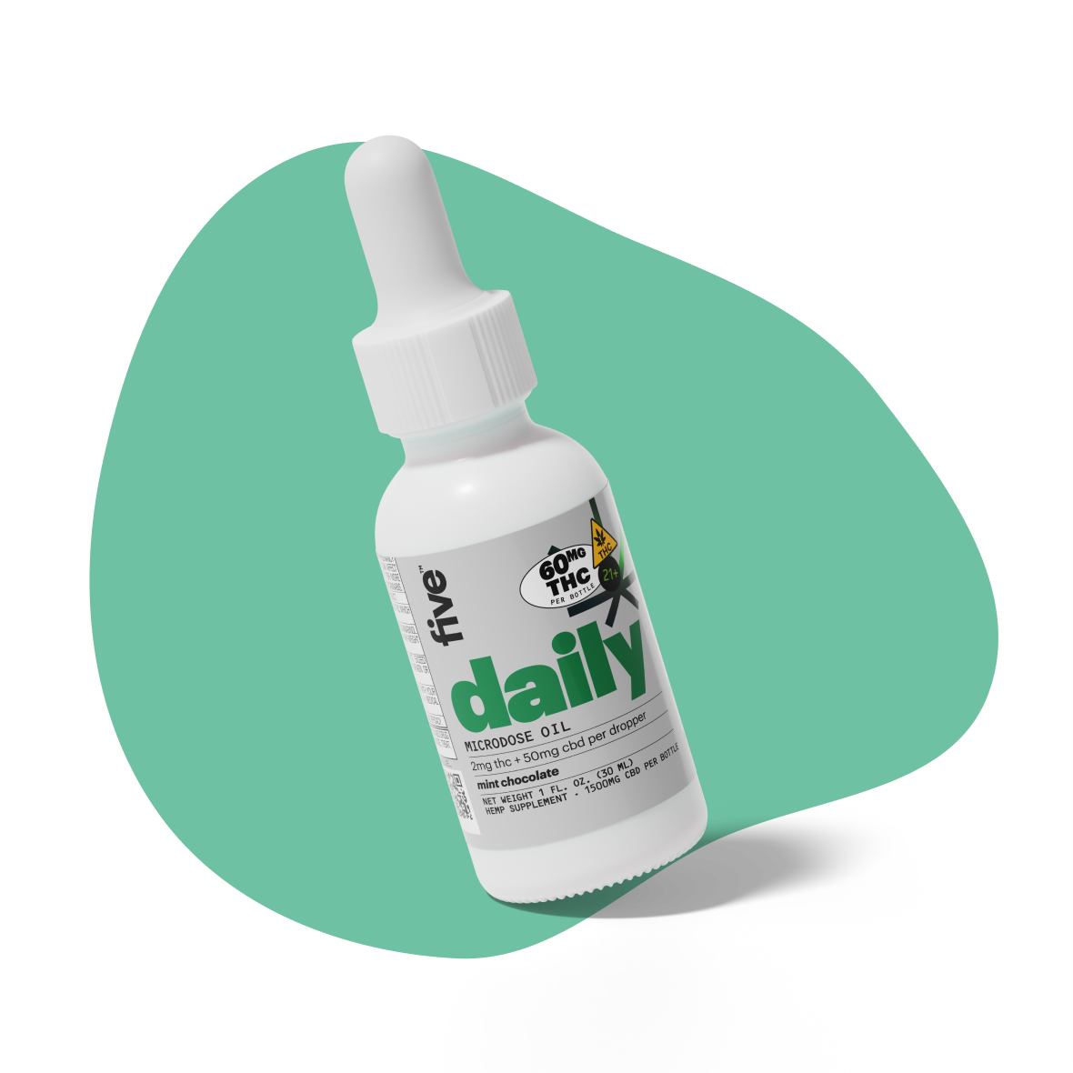 Bottle of Five daily microdose oil with label text: "five™ daily MICRODOSE OIL 2mg thc + 50mg cbd per dropper mint chocolate NET WEIGHT 1 FL. OZ. (30 ML) HEMP SUPPLEMENT • 1500MG CBD PER BOTTLE" and a symbol with "60MG THC PER BOTTLE" and "21+ THC".