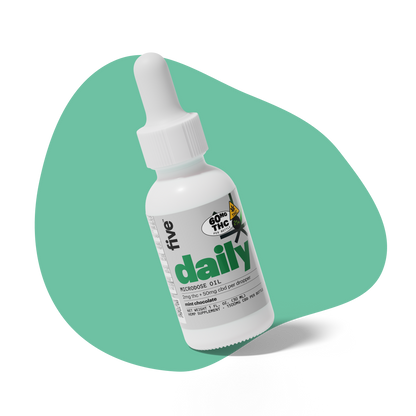 Bottle of Five daily microdose oil with label text: "five™ daily MICRODOSE OIL 2mg thc + 50mg cbd per dropper mint chocolate NET WEIGHT 1 FL. OZ. (30 ML) HEMP SUPPLEMENT • 1500MG CBD PER BOTTLE" and a symbol with "60MG THC PER BOTTLE" and "21+ THC".