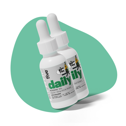 Two white dropper bottles labeled 'daily' with 60MG THC per bottle, 21+, microdose oil, mint chocolate flavor, 2mg THC + 50mg CBD per dropper, net weight 1 FL. OZ. (30 ML), hemp supplement, 1500MG CBD per bottle.
