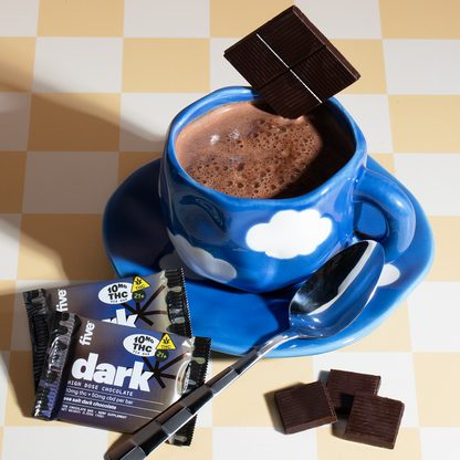 Blue cloud mug with chocolate and wrapped bars labeled five, dark, HIGH DOSE CHOCOLATE, 10MG THC PER BAR, THC, 21+
