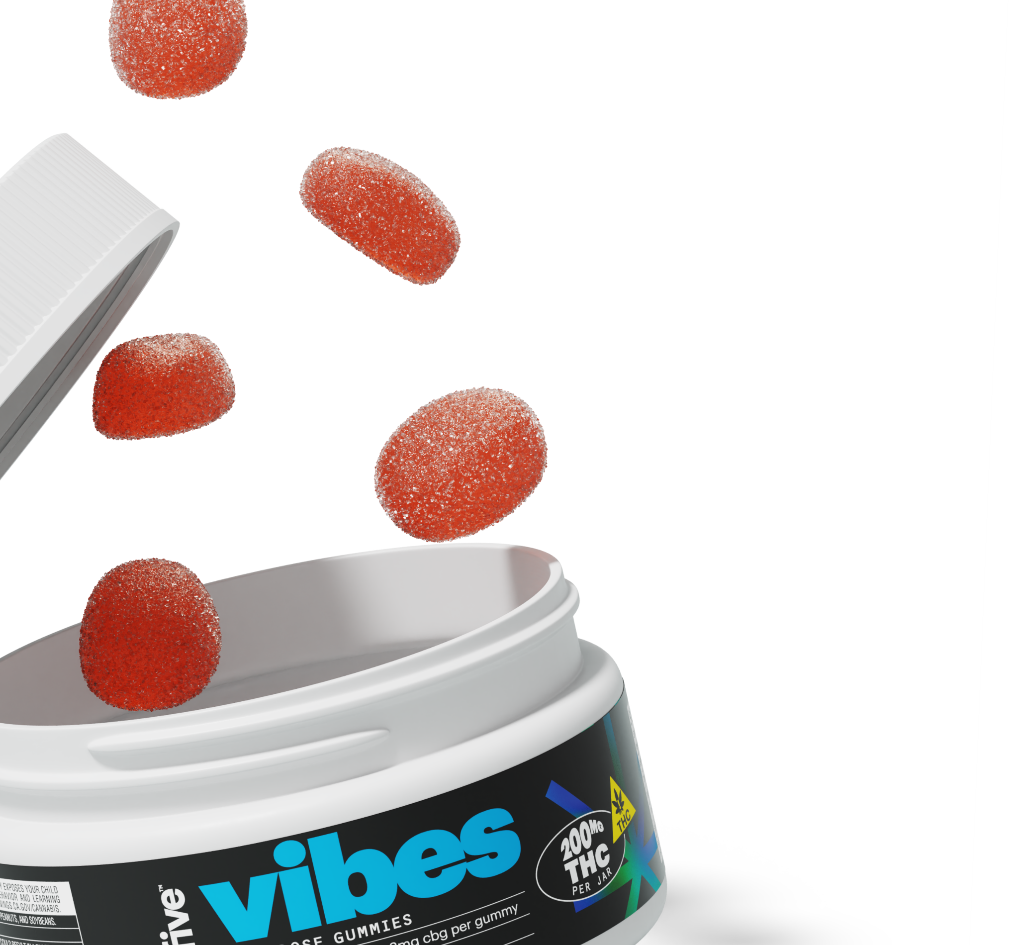 White jar with blue vibes label and red sugar-coated gummies falling; label reads '200 MG THC PER JAR'.
