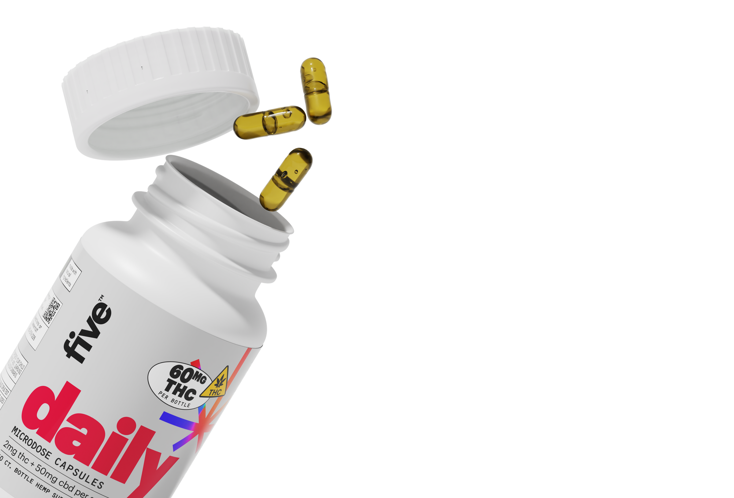 Tilted five daily bottle labeled MICRODOSE CAPSULES and 60MG THC PER BOTTLE, cap off with three golden capsules