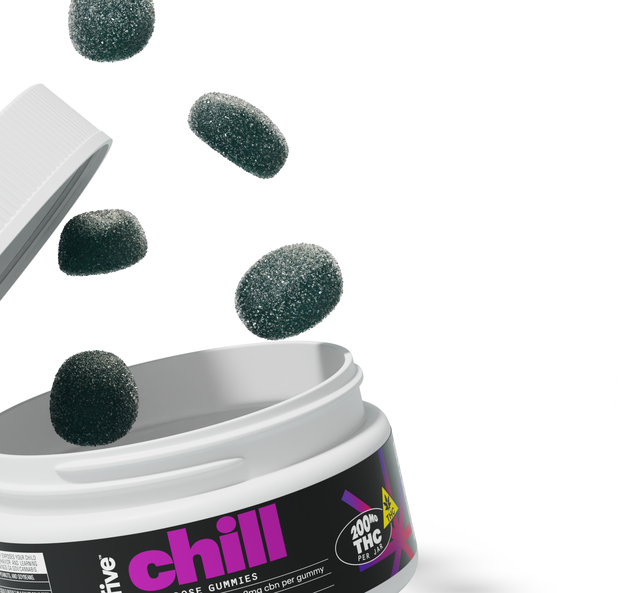 Dark green sugar-coated indica gummies spilling from a white jar labeled chill; 200MG THC PER JAR GUMMIES