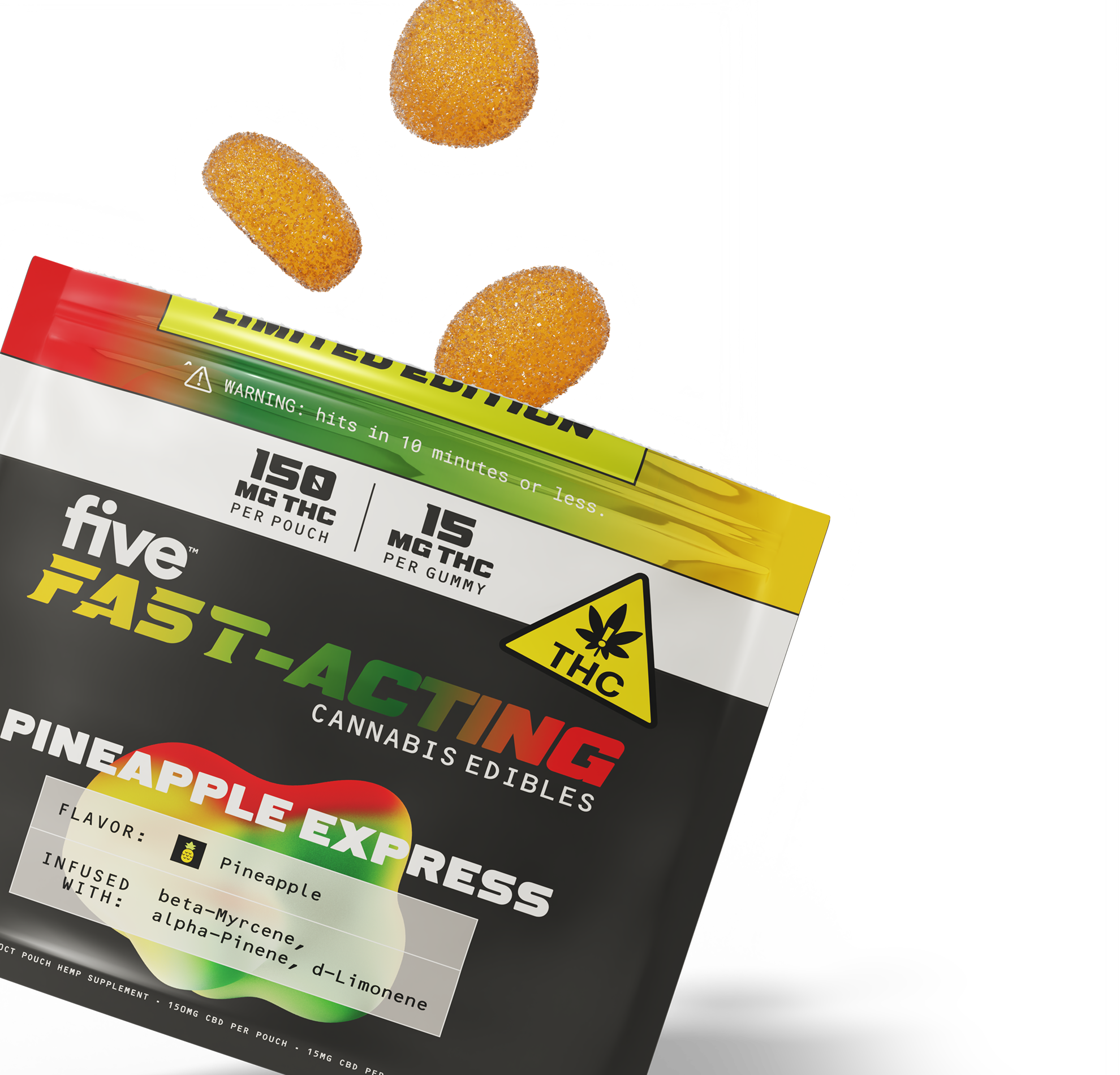 Pineapple Express fast-acting cannabis gummies pouch — 15 MG THC per gummy; warning: hits in 10 minutes or less.