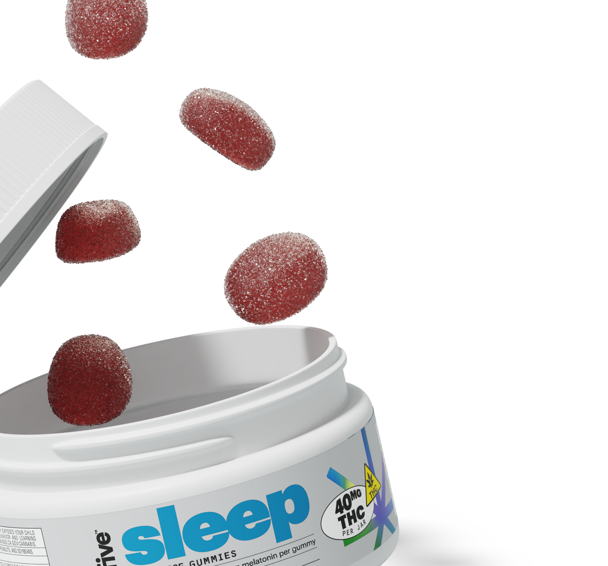 White jar with label 'sleep' and 'GUMMIES', red sugar-coated gummies, badge reading '40MG THC PER JAR' and small text 'melatonin per gummy'