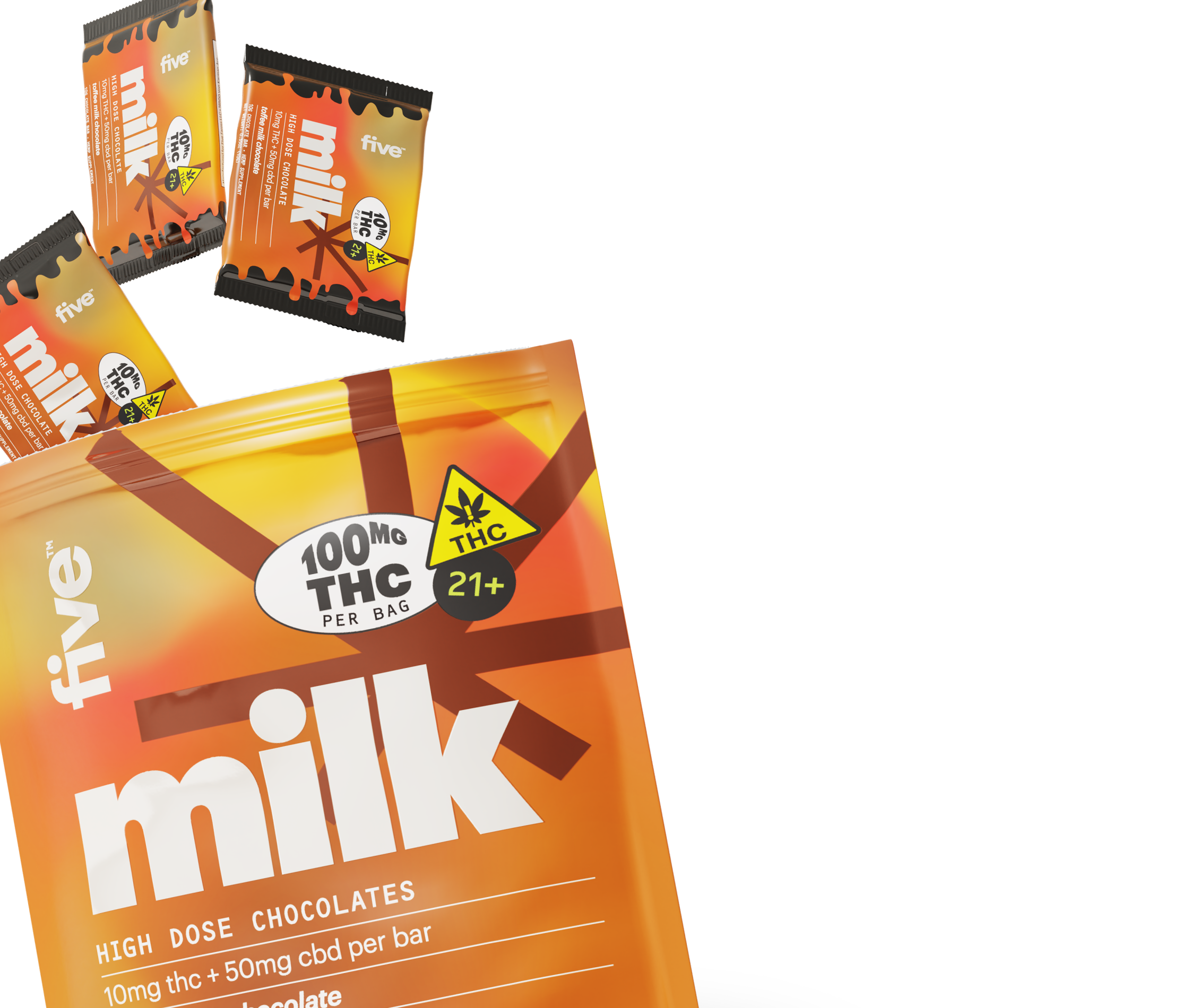 five milk, 100MG THC PER BAG, THC, 21+, HIGH DOSE CHOCOLATES, 10mg thc + 50mg cbd per bar, 10MG THC, toffee
