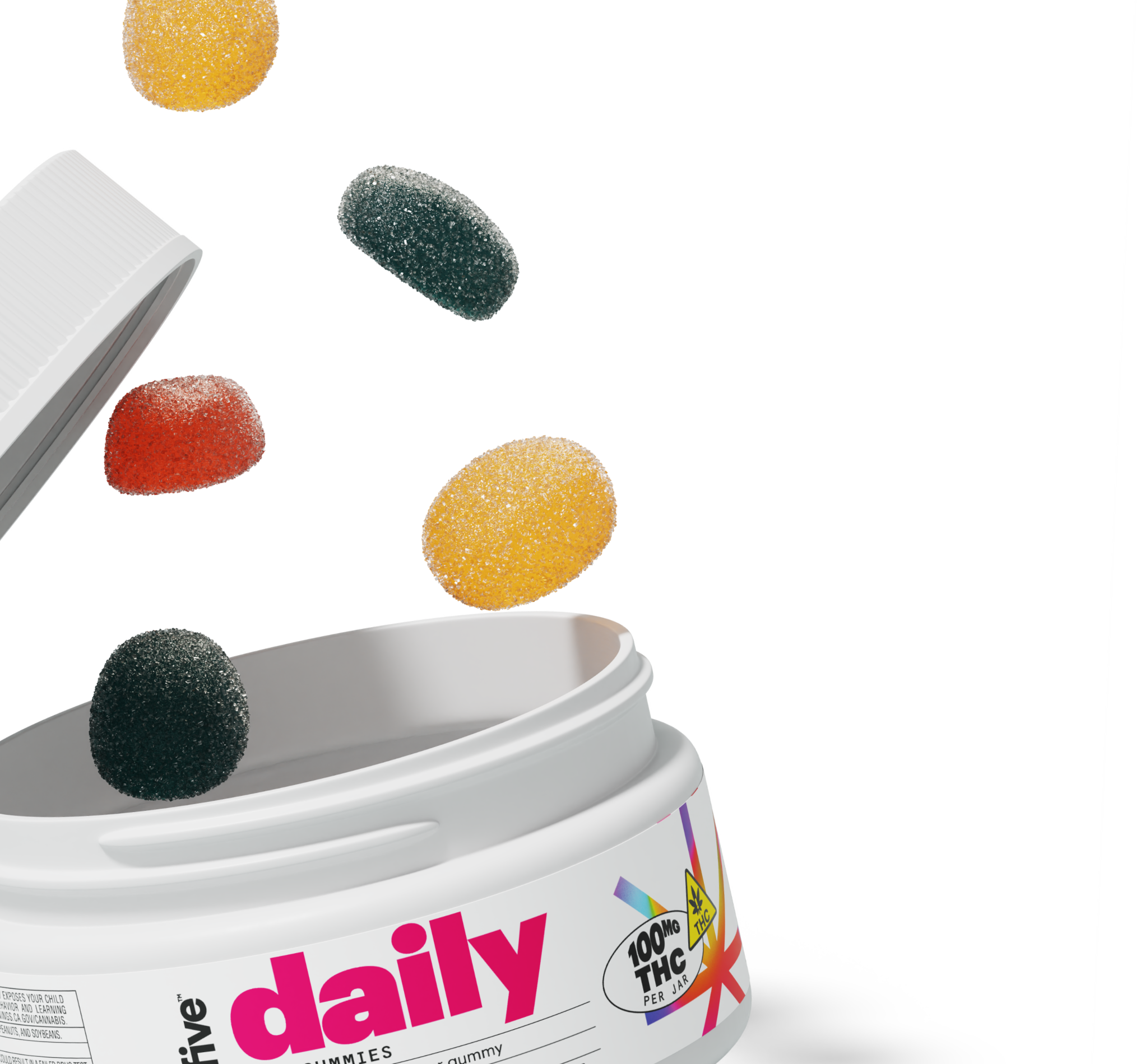 White jar labeled daily with sugar-coated gummies spilling out; label reads 100MG THC PER JAR