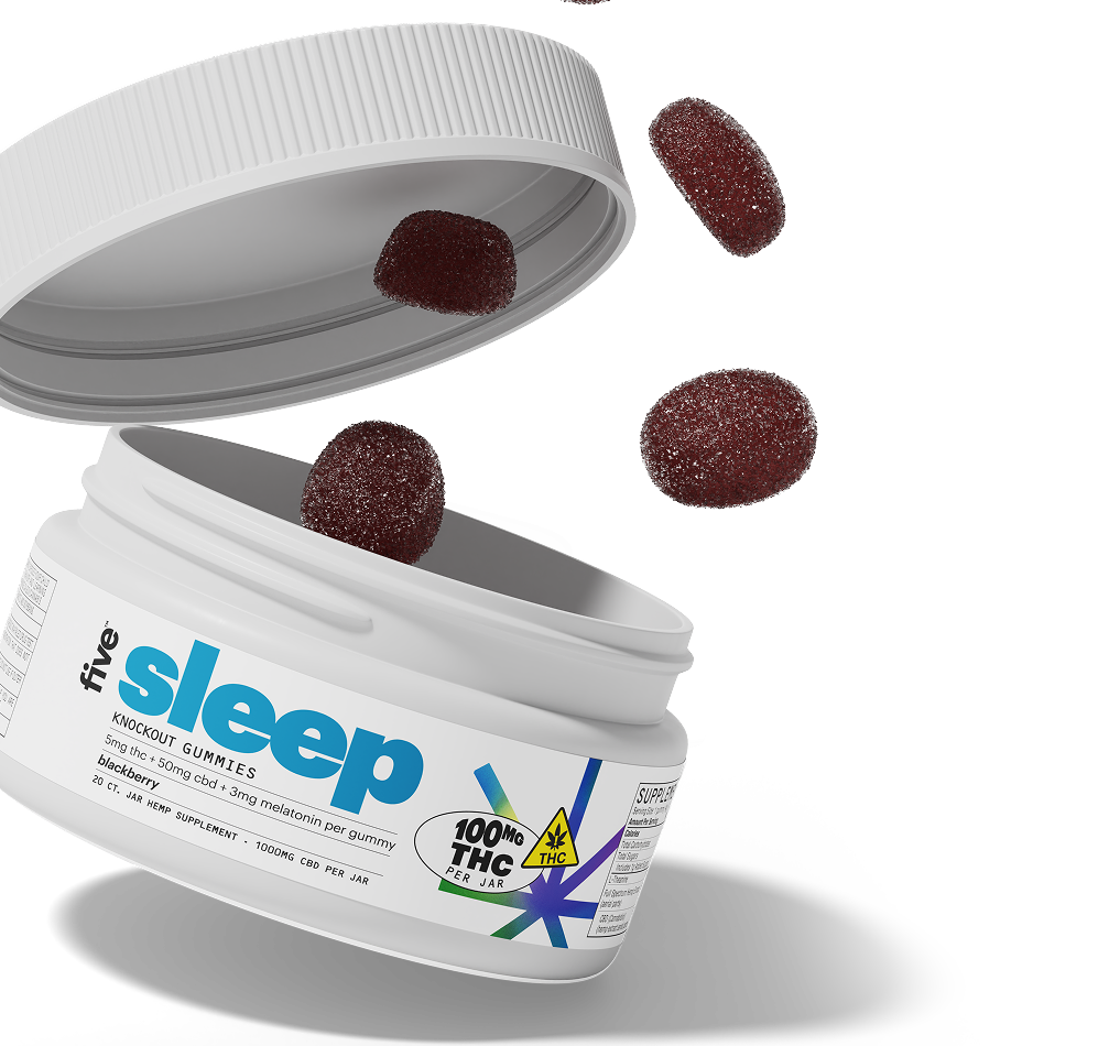 Jar labeled five sleep KNOCKOUT GUMMIES with sugar-coated blackberry gummies spilling out; label also shows 100MG THC PER JAR