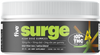 Container of pro surge supplement with label text 'pro surge' and 'one two'.