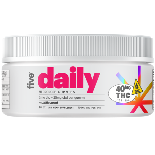 White jar labeled 'the daily' with pink logo and colorful circular THC badge on right