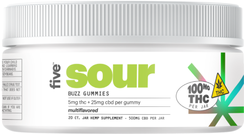 Front view of Sour Buzz gummies jar with sour headline, Five brand logo, 5mg THC per gummy on white background