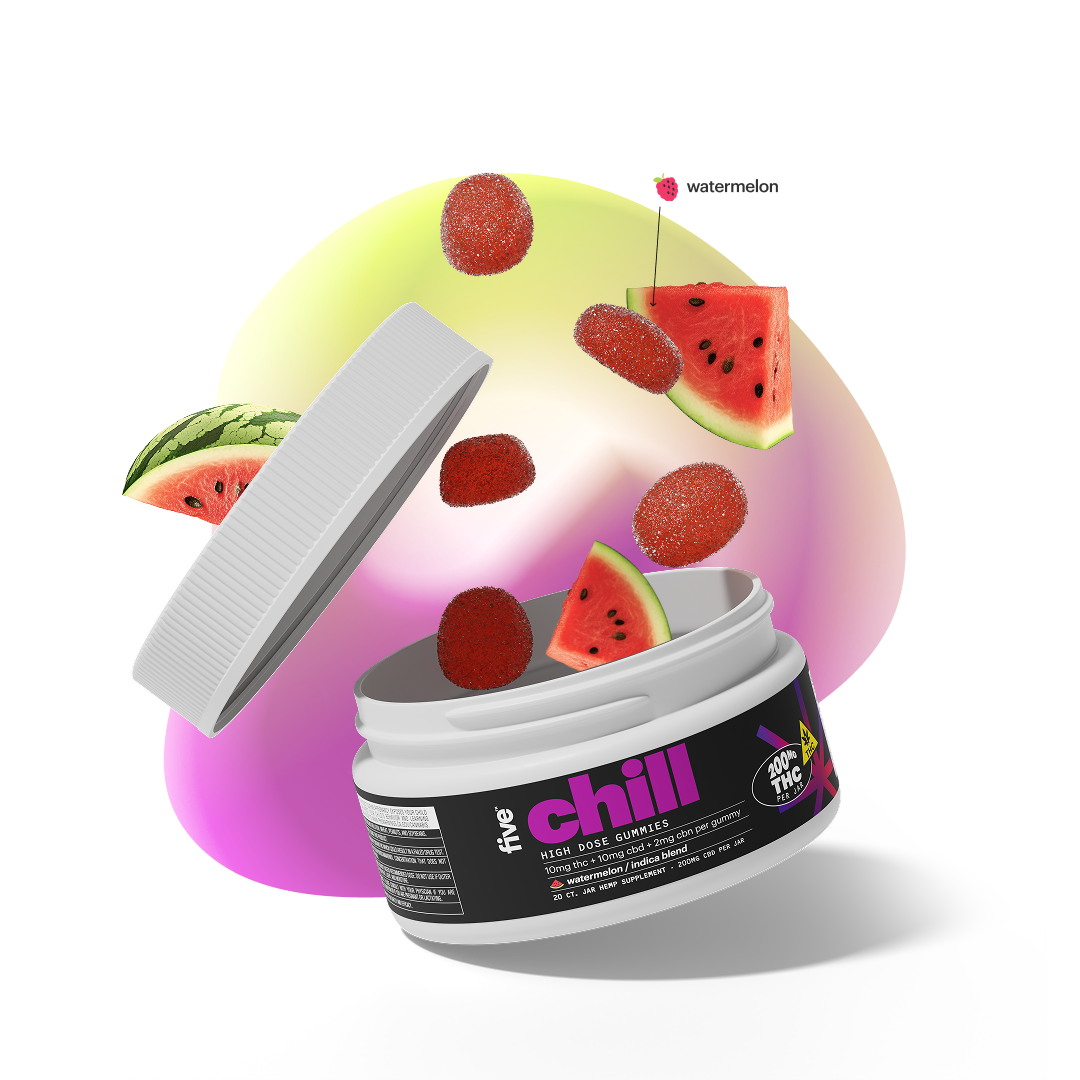 five chill jar of watermelon HIGH DOSE GUMMIES with watermelon slices and gummies, label '2000mg THC'