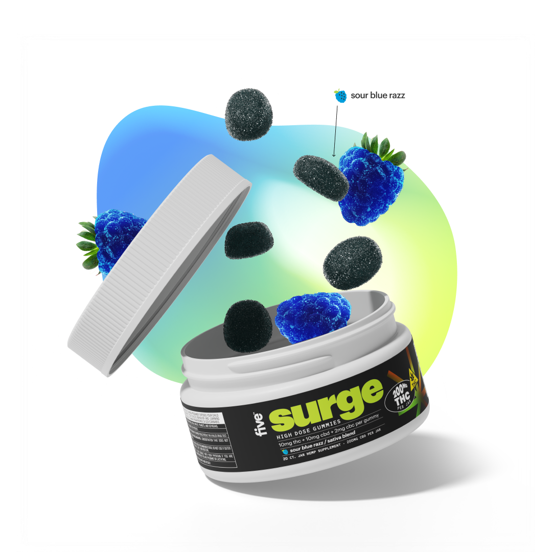 Open jar labeled 'the surge' with floating sour blue razz black and blue gummies