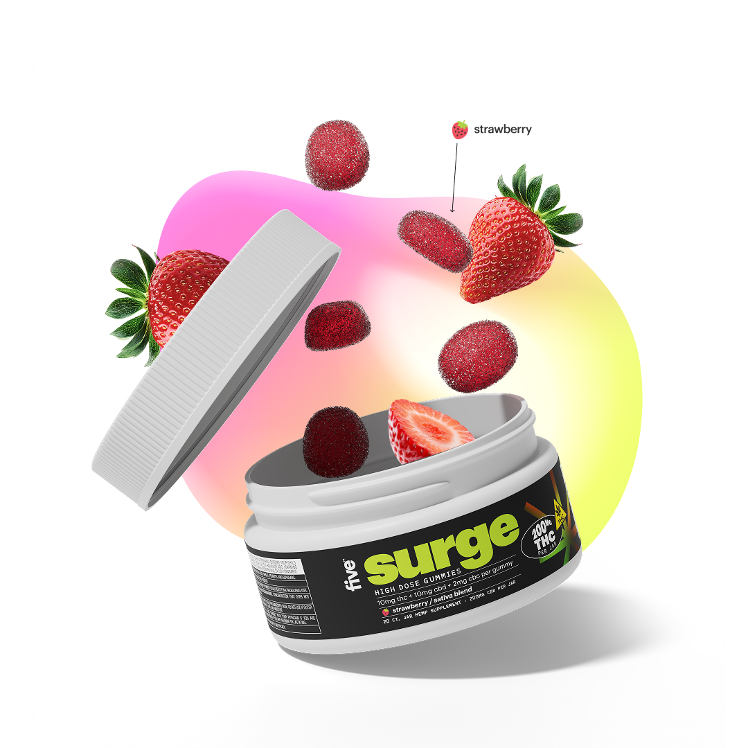 Jar labeled surge with strawberry gummy candies spilling and a pointer label reading strawberry