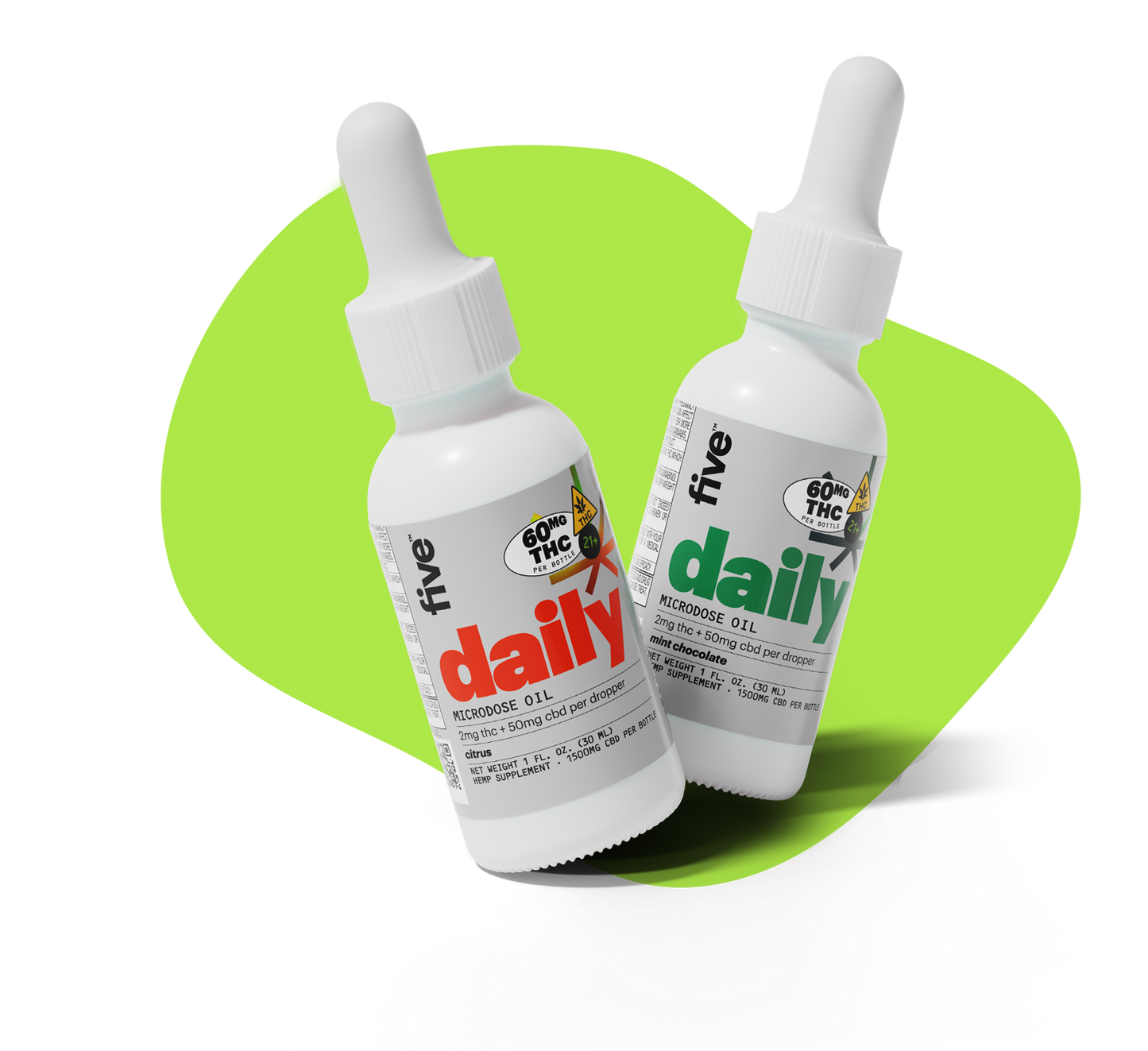Two dropper bottles labeled 'five daily' microdose oil; labels read '60MG THC' and '2mg thc + 50mg cbd per dropper'.