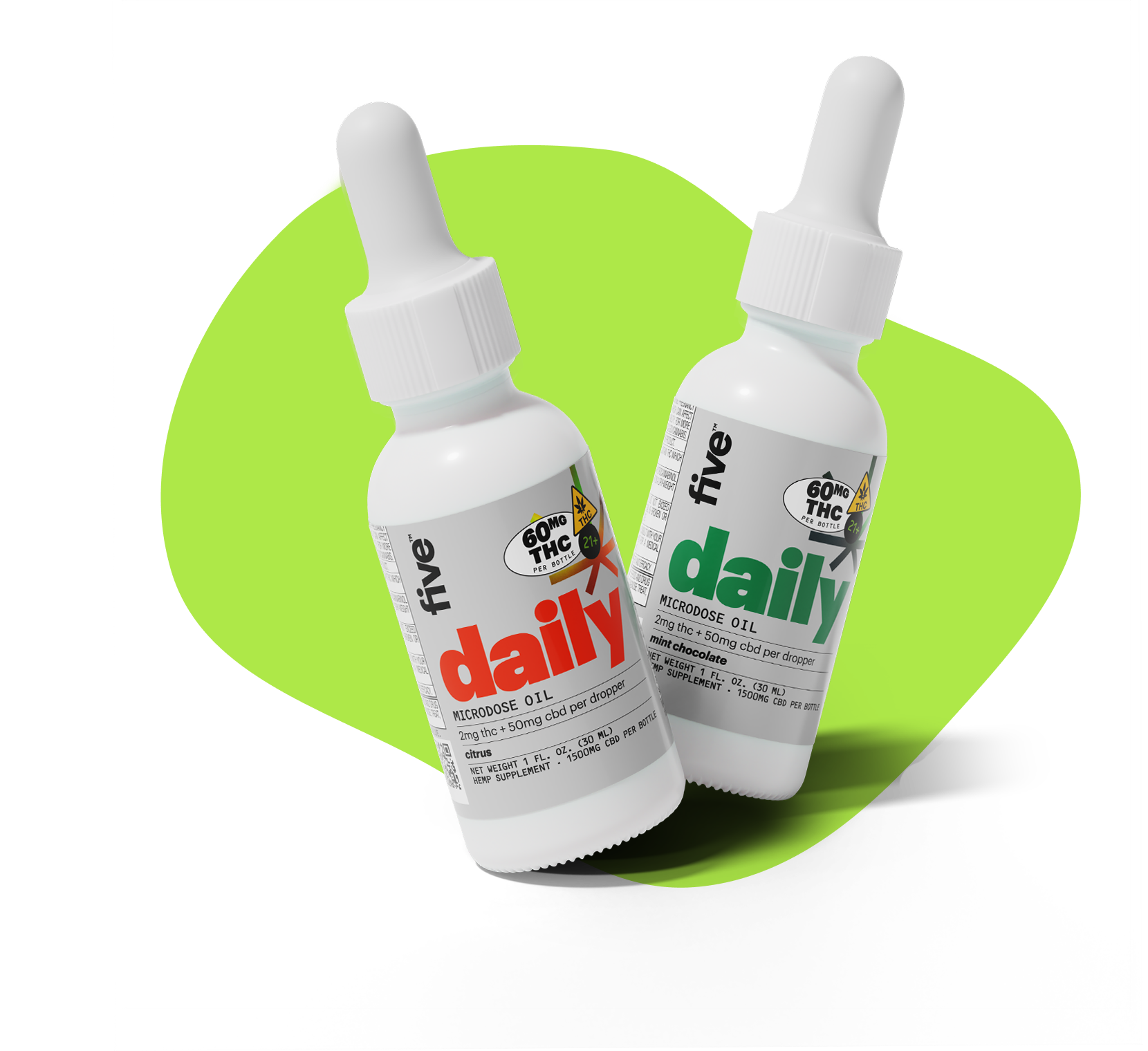 Two dropper bottles labeled 'five daily' microdose oil; labels read '60MG THC' and '2mg thc + 50mg cbd per dropper'.