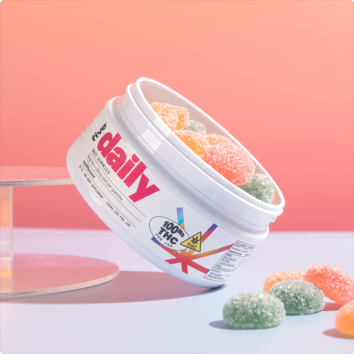 White tub labeled "daily" and "100% THC" tipped on its side with orange and green sugar‑coated gummy candies on a pink backdrop.