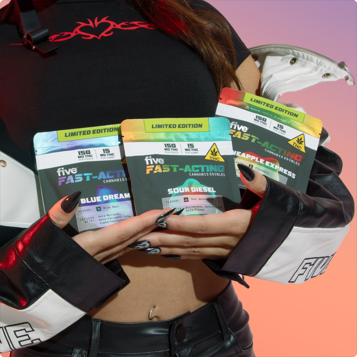 Hands hold three five FAST-ACTING cannabis pouches labeled BLUE DREAM, SOUR DIESEL, PINEAPPLE EXPRESS; LIMITED EDITION; THC.