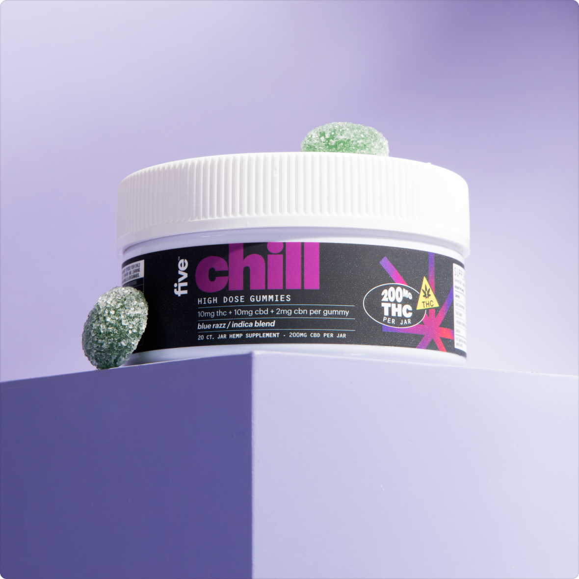 White jar labeled five chill HIGH DOSE GUMMIES, green sugar-coated gummies, label shows 200mg THC.
