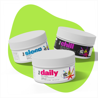 Three white gummy jars labeled five; sleep, chill, daily — BUZZ GUMMIES; HIGH DOSE GUMMIES; 100mg THC PER JAR; 200mg THC PER JAR